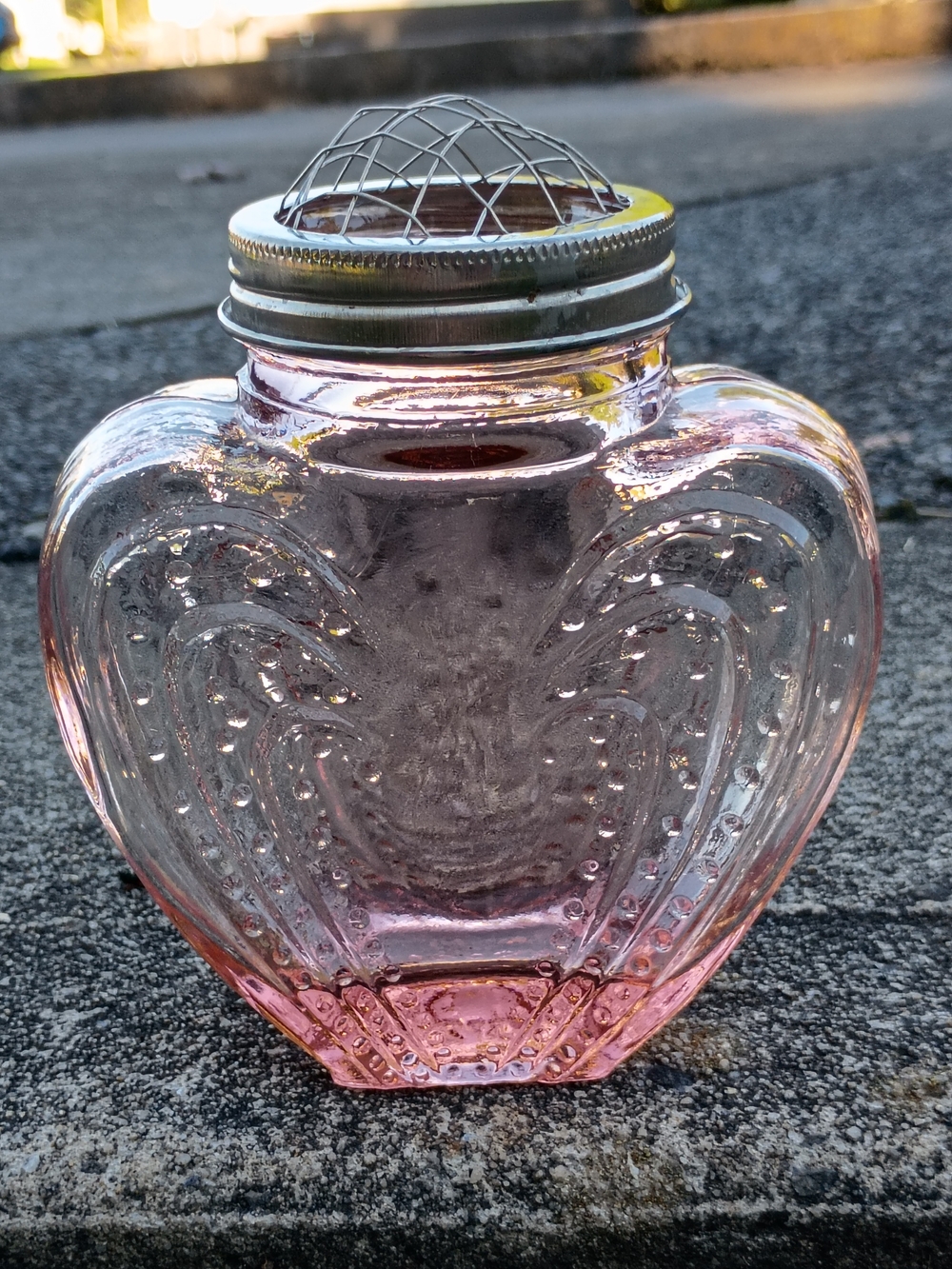 Vintage Pink Heart Shaped Glass Flower Frog w Metal Lid